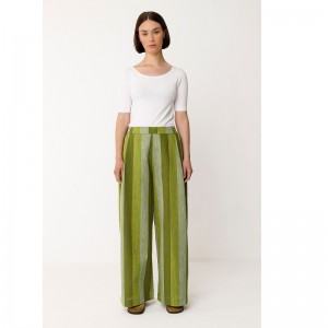 PANTALON LIN COTON BIO LESIA A RAYURES VERTES - SKFK - LE MOUTON A 3 PATTES - 1