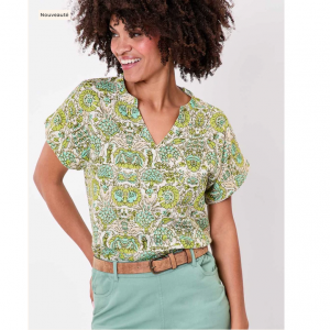 TOP FAIZ IMPRIME VERT LIN ECOVISCOSE - LA FIANCEE - LE MOUTON A 3 PATTES - 1