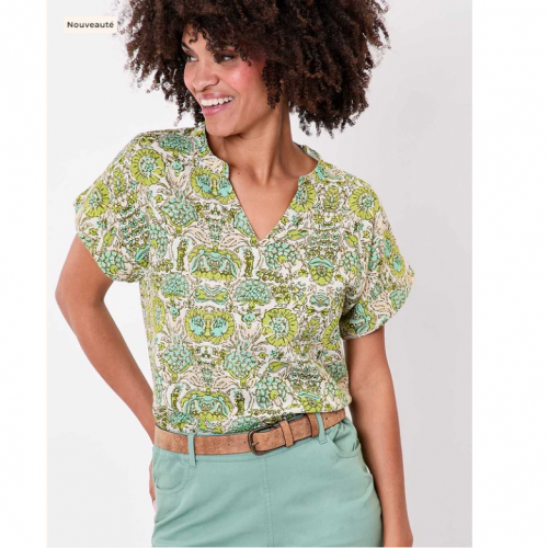 TOP FAIZ IMPRIME VERT LIN ECOVISCOSE - LA FIANCEE - LE MOUTON A 3 PATTES - 1